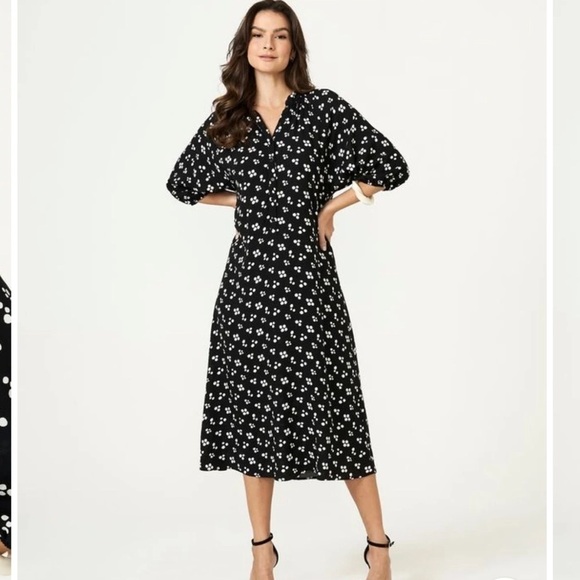 J. Jill Blue Floral slouchy Crinkle Rayon V-Neck Ruffle Hem Midi Dress Womens M - Picture 1 of 12